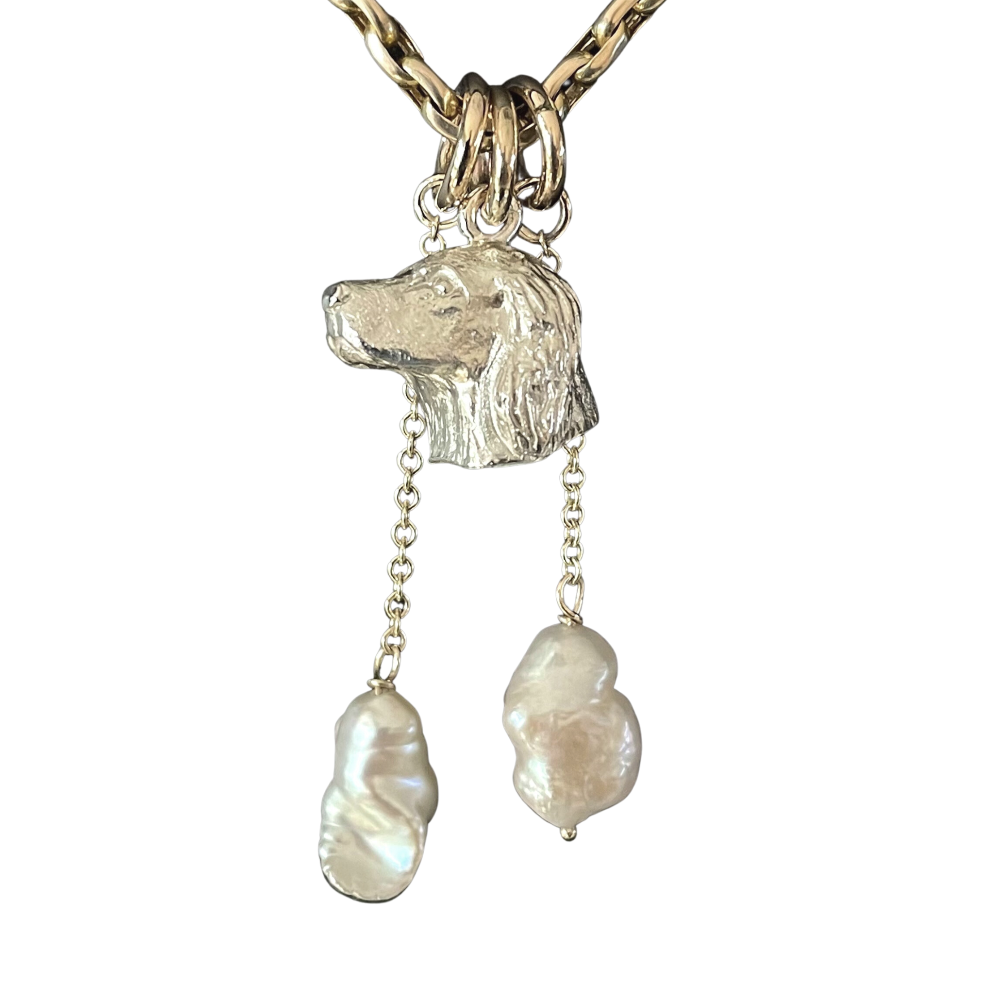 Spaniel Silver Pendant with 9ct Ring and 9ct Freshwater Pearls by Paul Eaton