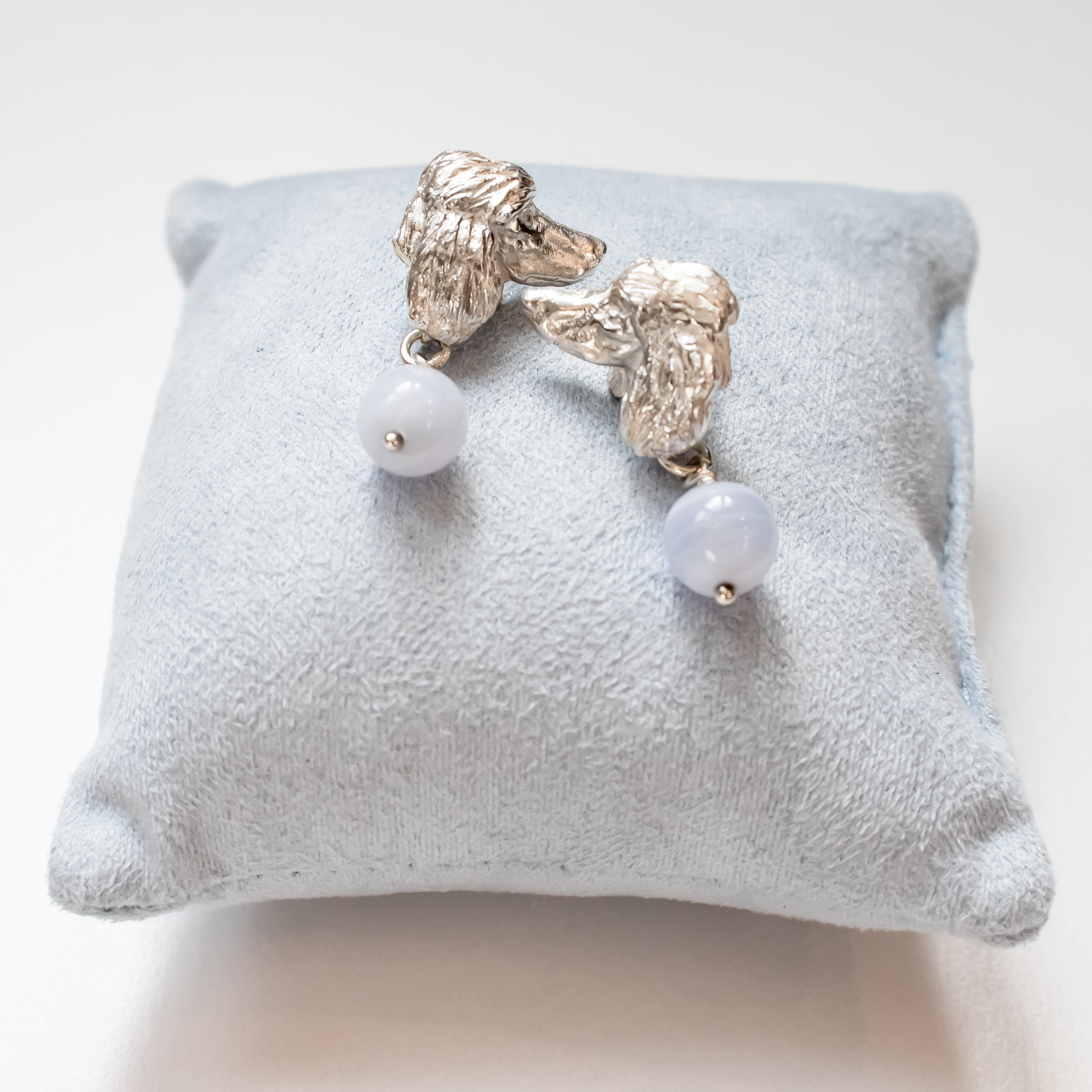 Poodle Heads Stud Earrings with Blue Lace Agate Drops pair