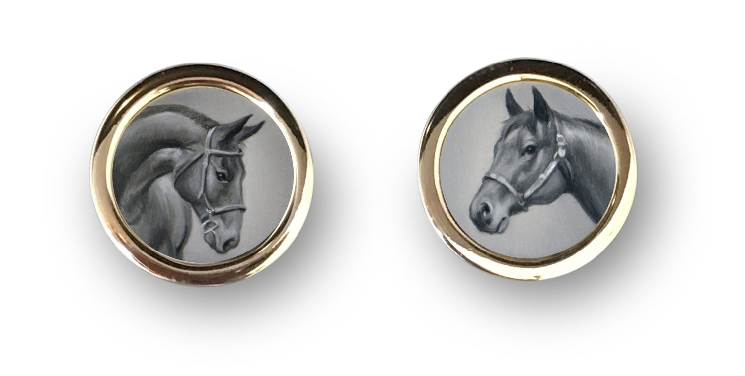 Beth de Loiselle horse grisaille oils in cufflinks