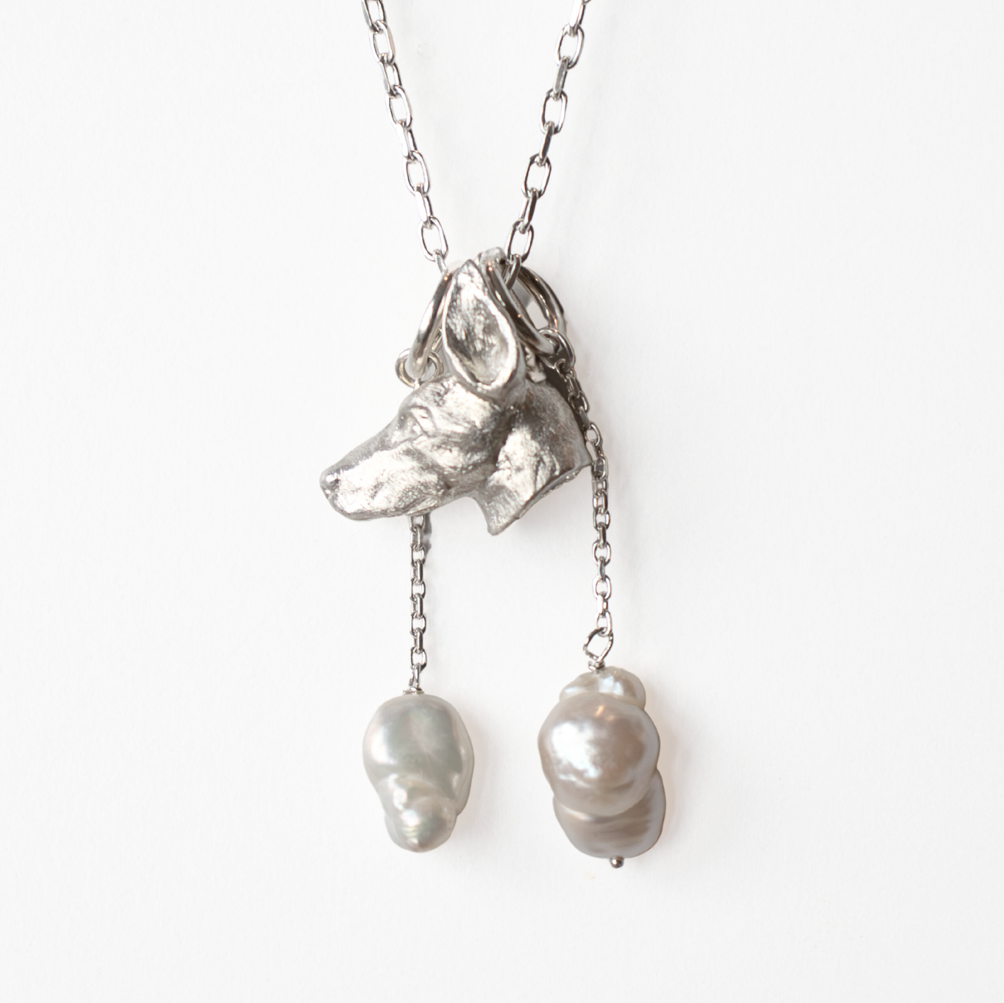 Doberman Pendant with Drop Freshwater Pearls by Paul Eaton Sculptor