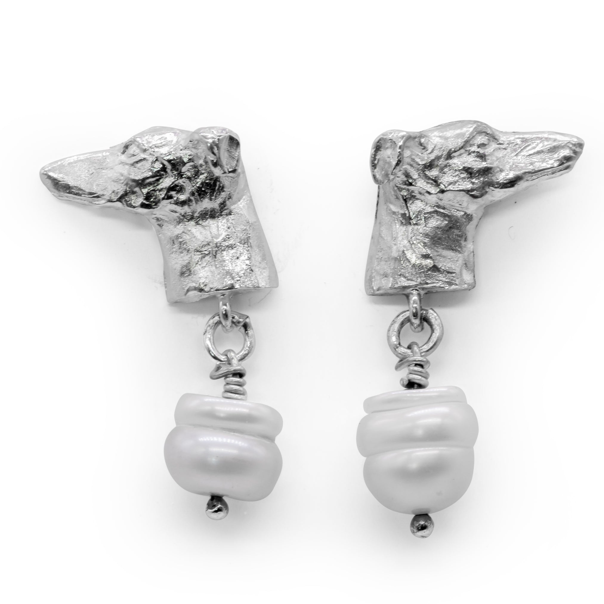 Greyhound stud earrings with freshwater pearl drops