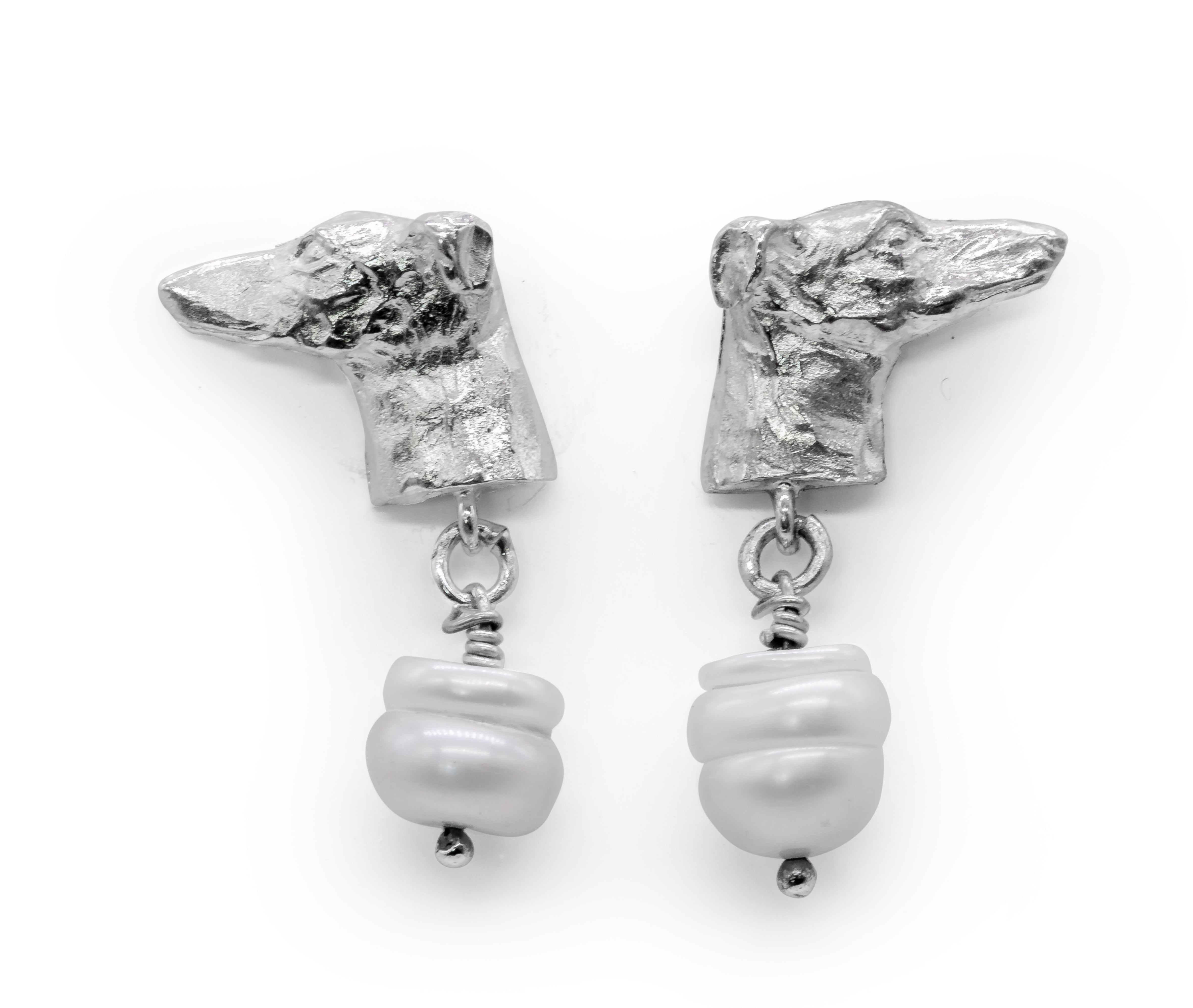Greyhound stud earrings with freshwater pearl drops