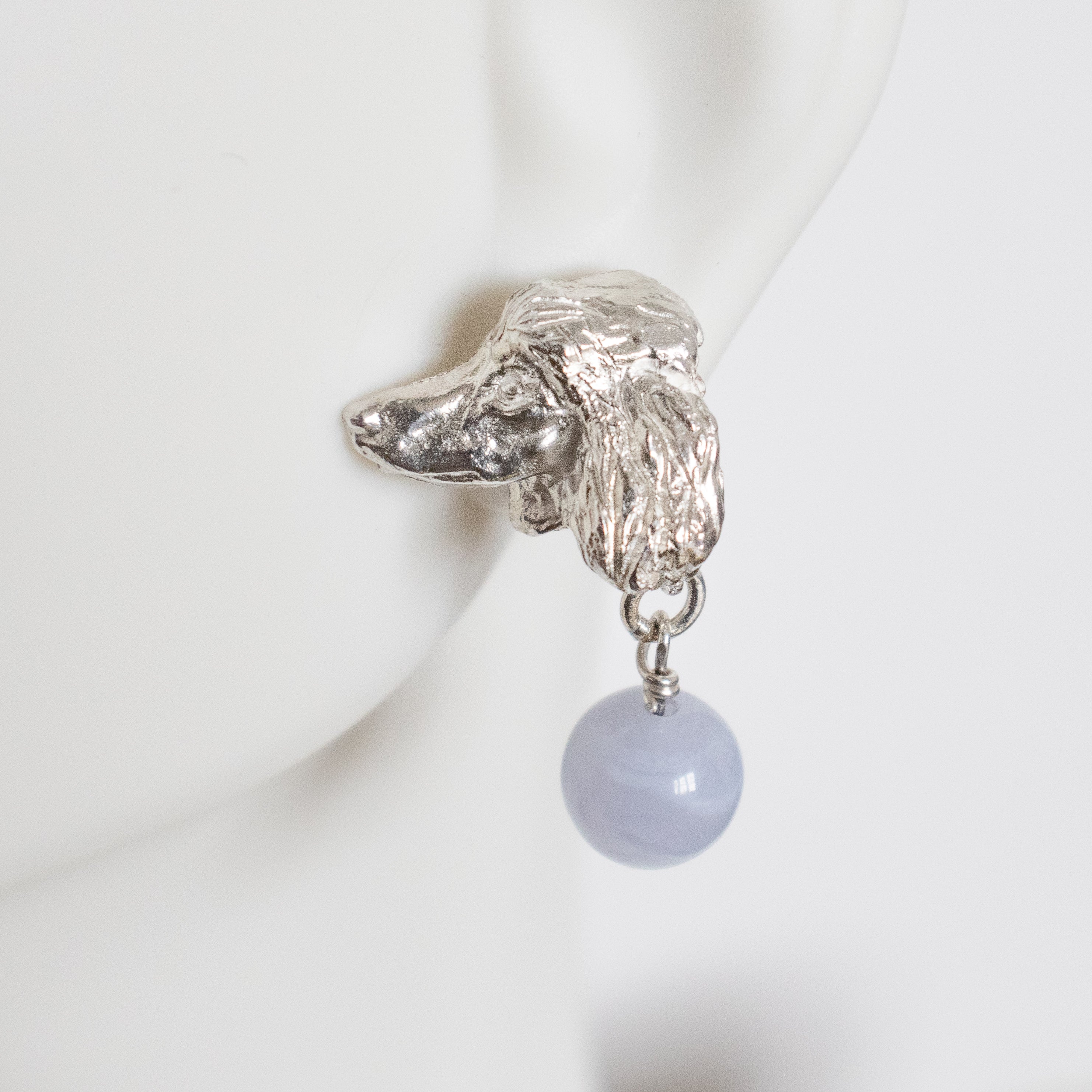 Poodle Heads Stud Earrings with Blue Lace Agate Drops