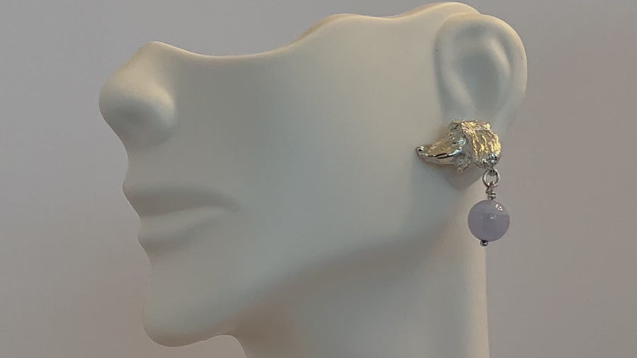 Poodle Sterling Silver Stud Earrings with Blue Lace Agate Drops